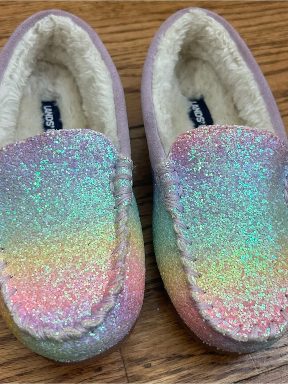 LAND’S END Kid’s Fuzzy Lined Rainbow Shimmer Moccasin Slippers Size 13